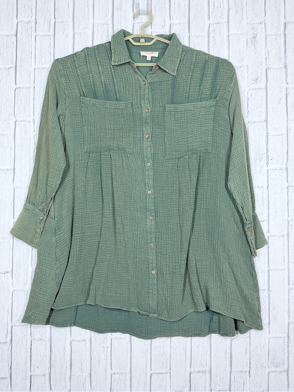 🌿 Peach Love California 100% COTTON Sage Green Gauze Oversized Tunic Shirt Small
